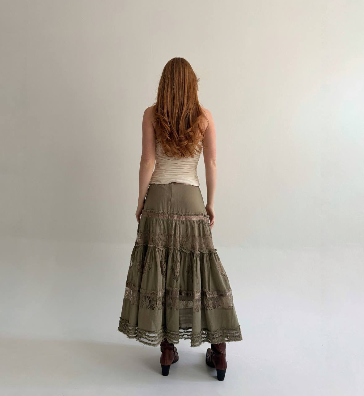 Vintage cotton long ruched skirt with lace