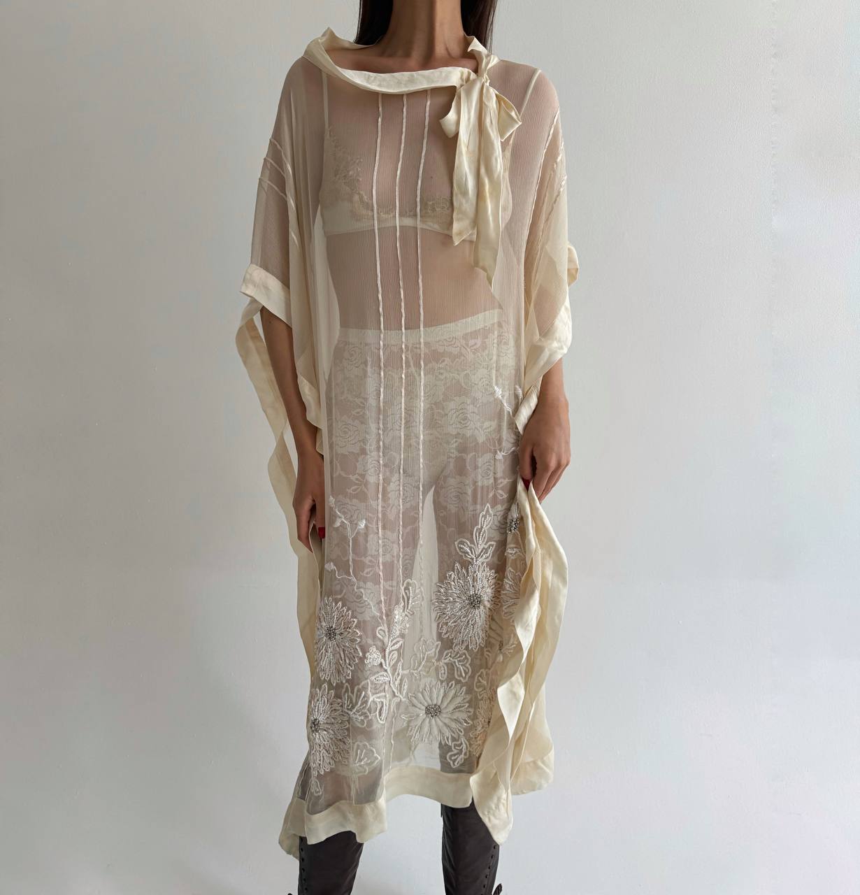 Vintage pure silk beaded crepe sheer dress