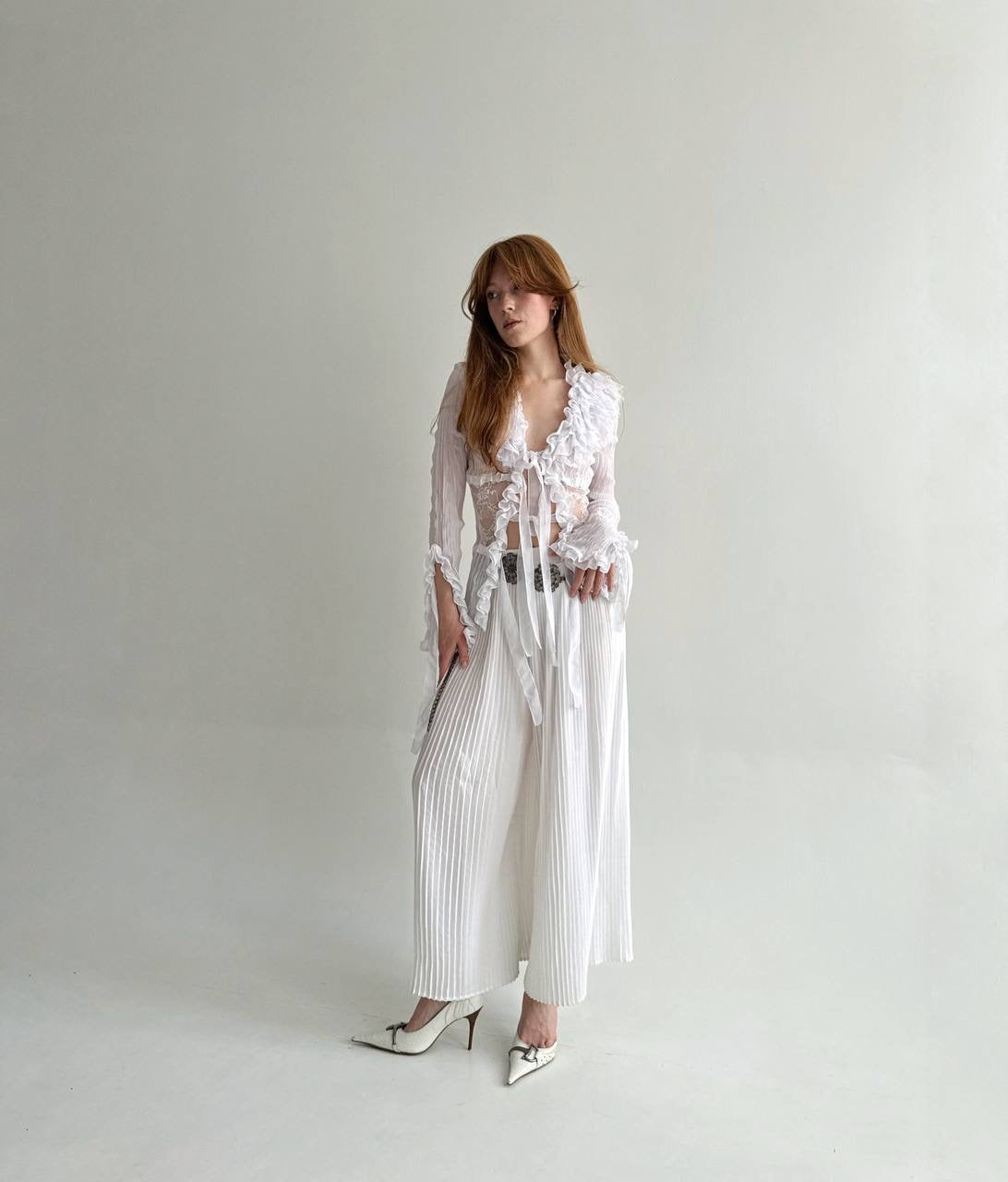 Vintage pleated white long wide pants