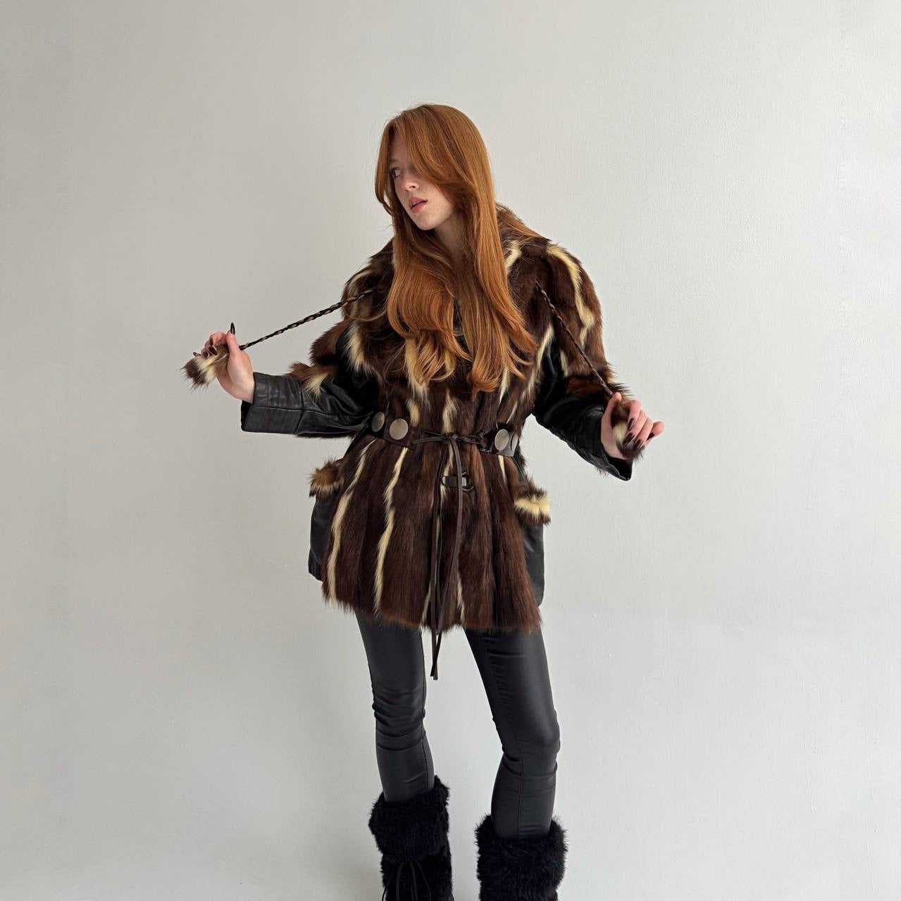 Vintage real fur coat with tortoise shell belt