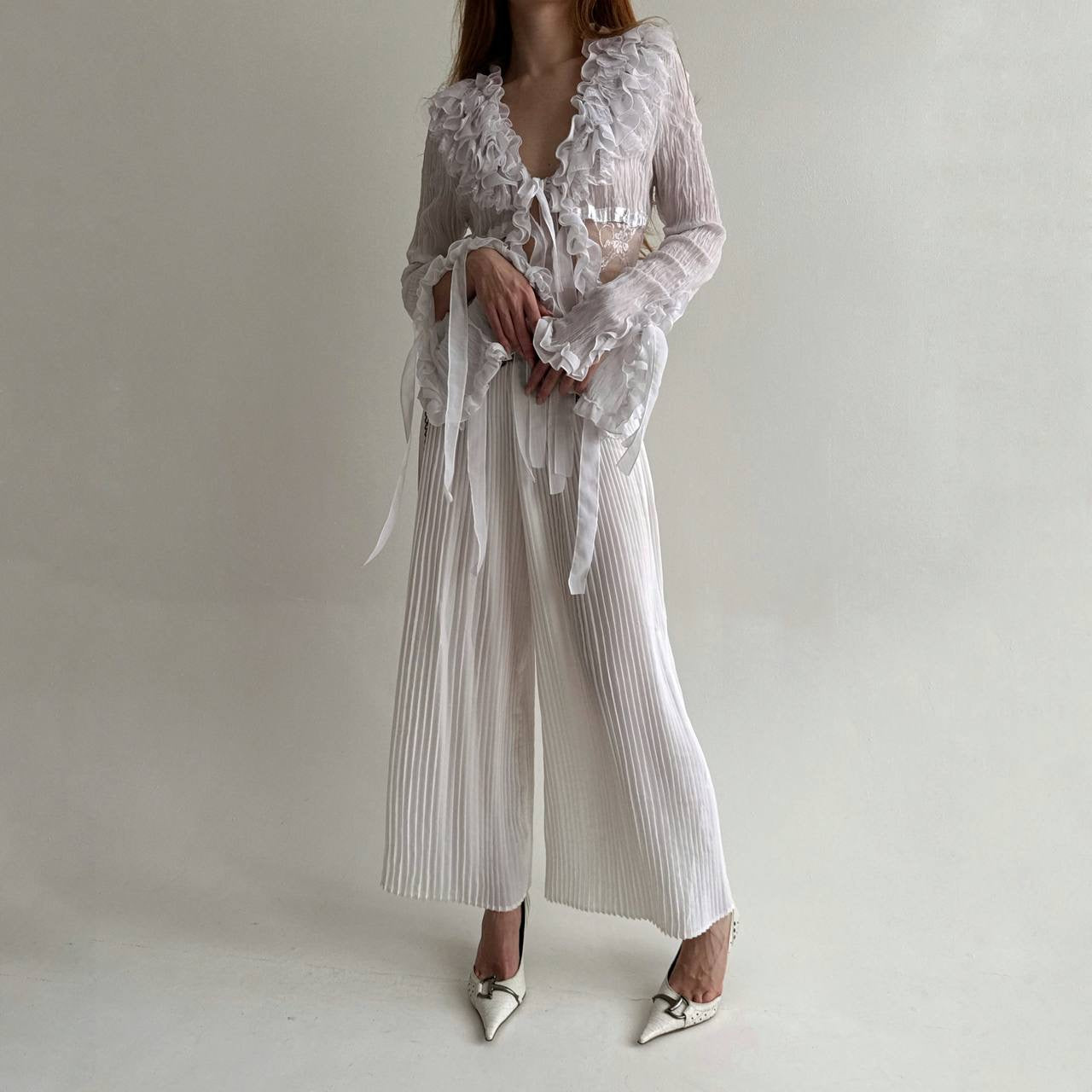 Vintage pleated white long wide pants