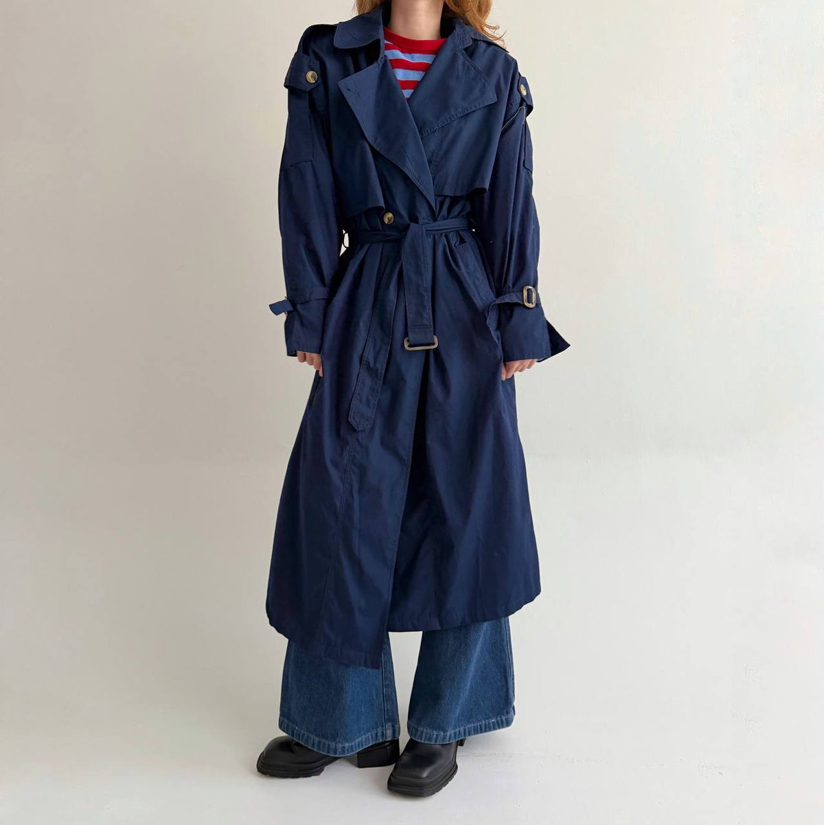 Vintage navy blue cotton blend trench coat