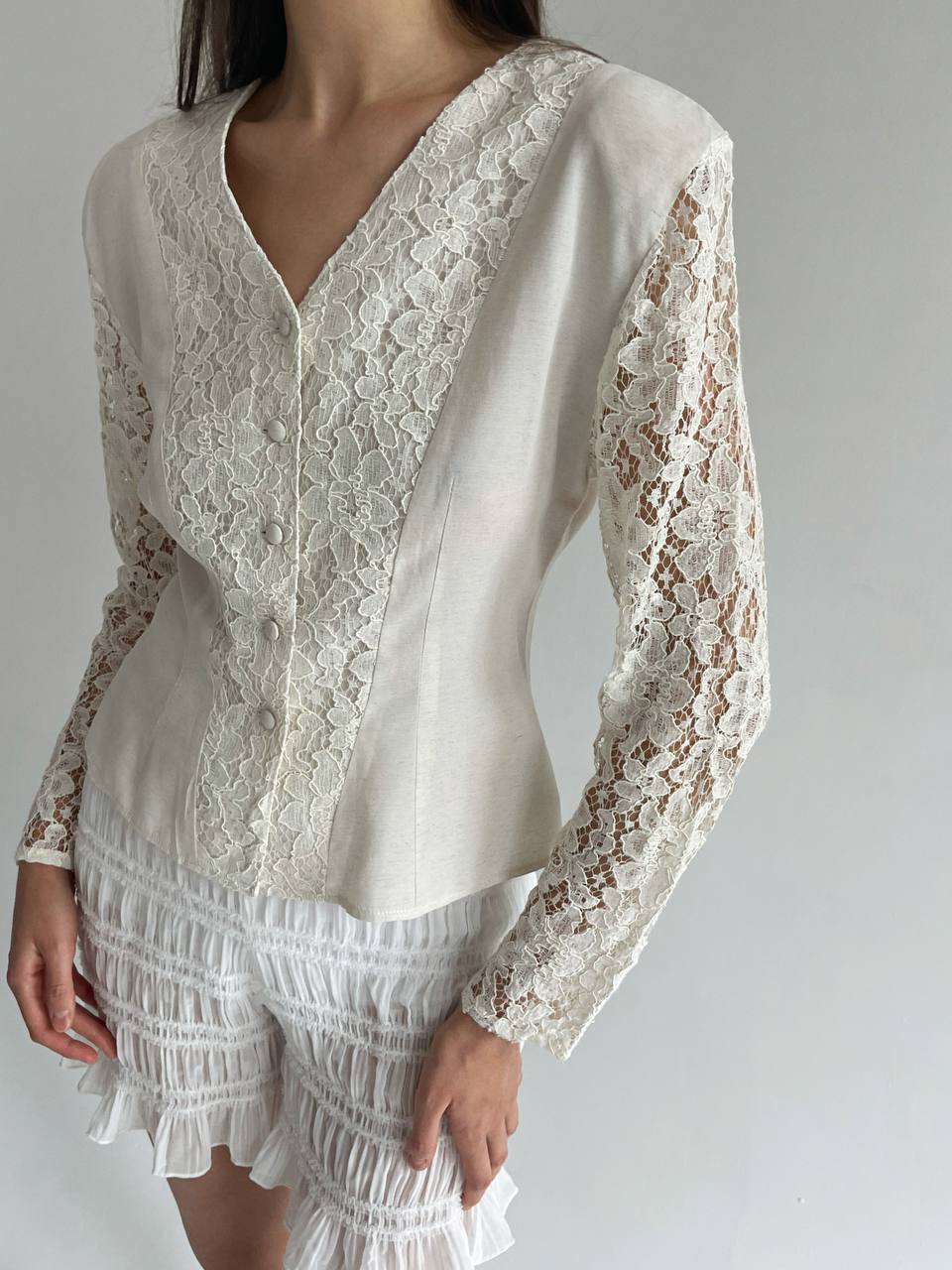 Vintage cotton blouse with lace detailing and shoulder pads