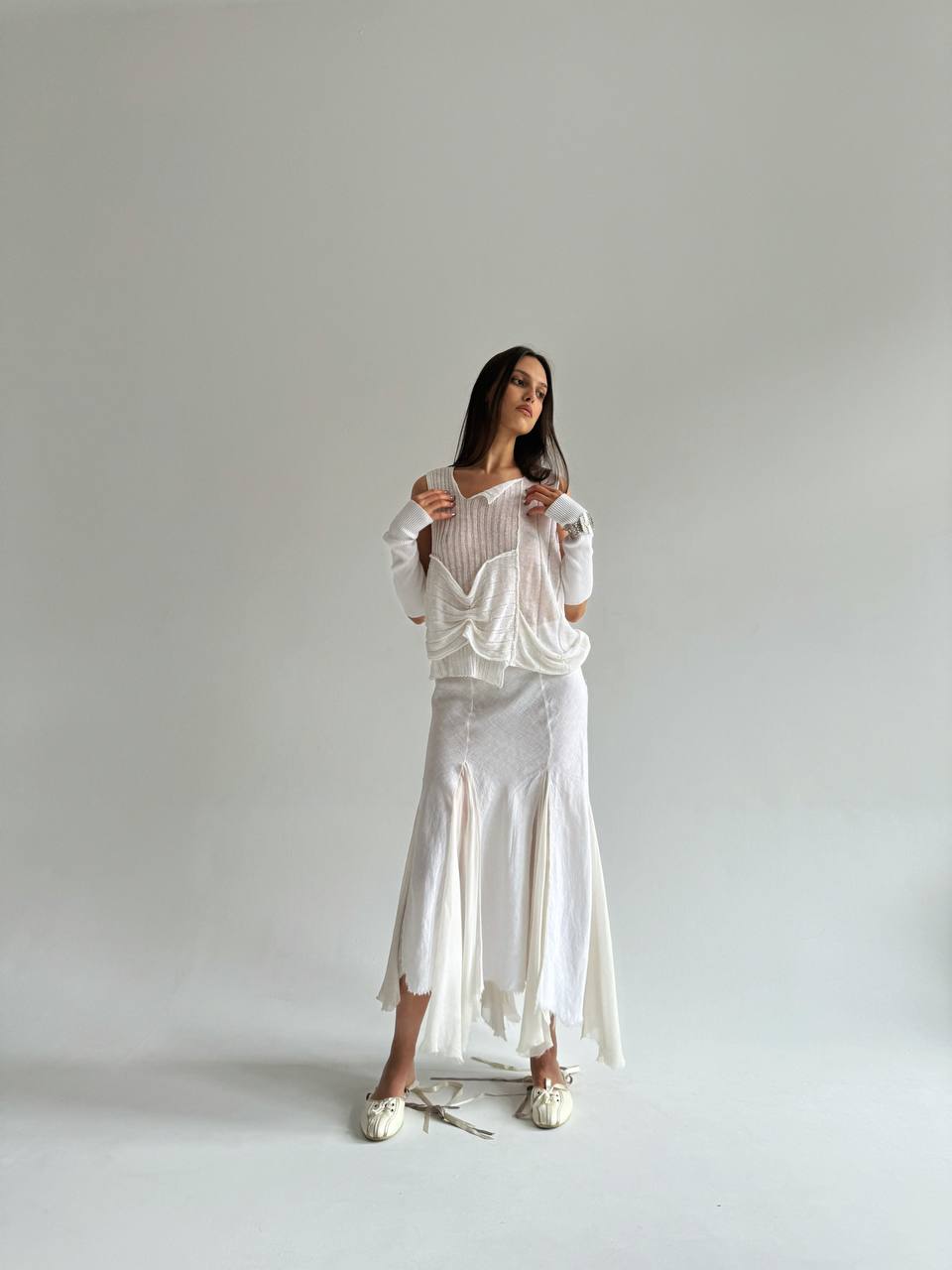 Vintage linen and silk maxi skirt in white