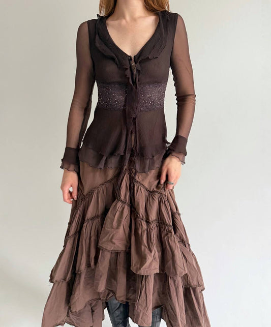 Vintage pure silk brown fairycore blouse