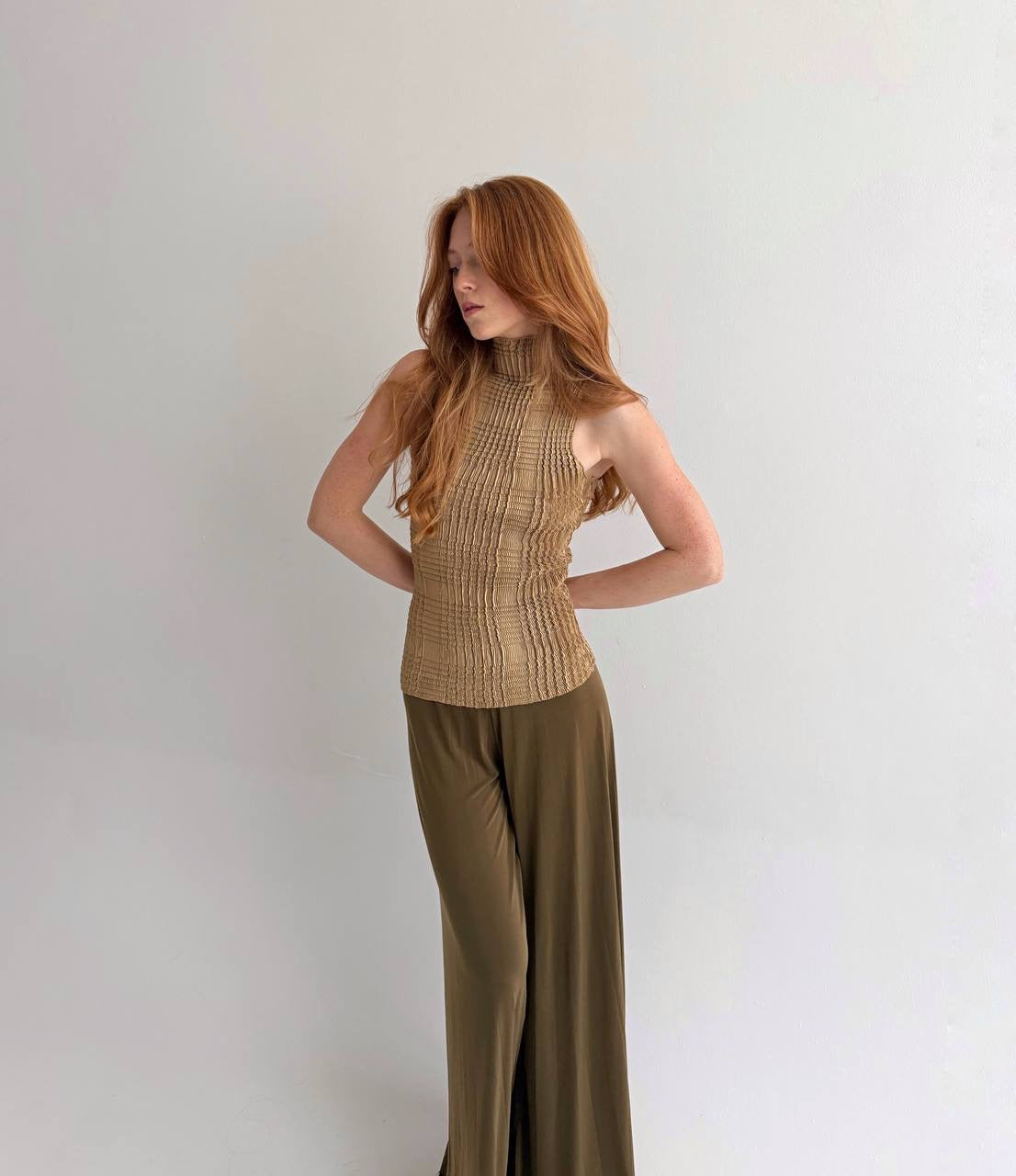 Vintage beige bronze pleated avant garde top