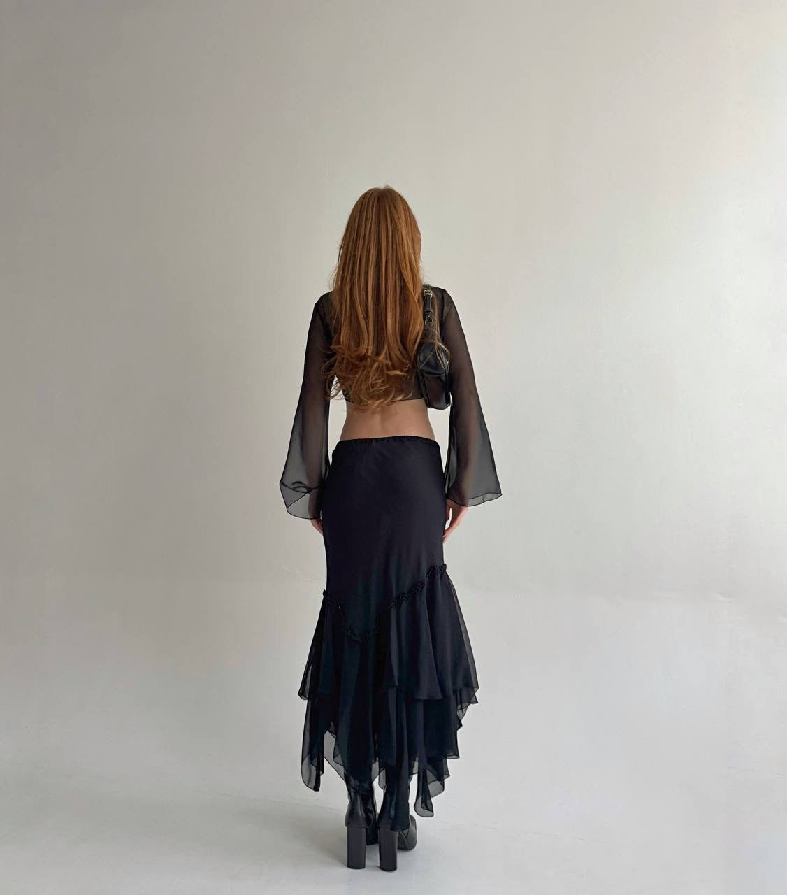 Vintage viscose black asymmetrical layered bottom skirt with ruched detail