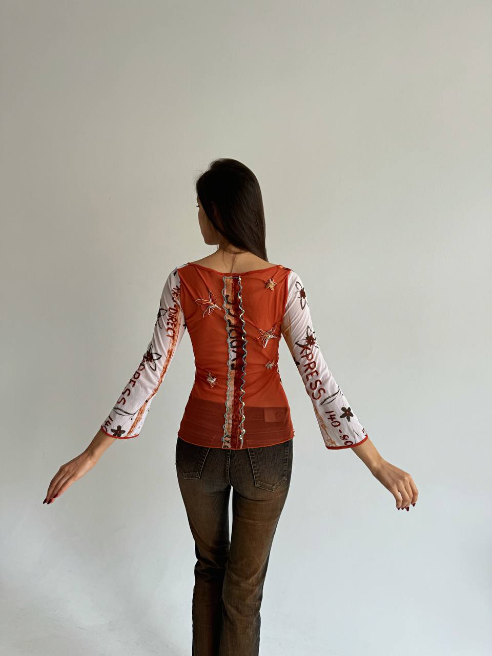 Vintage mesh printed embroidered blouse