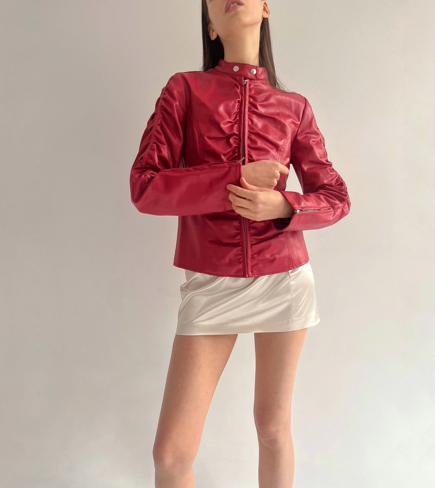 Vintage faux leather moto jacket with crinkle details