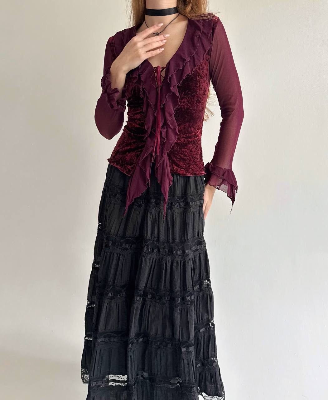 Vintage cotton maxi skirt with lace