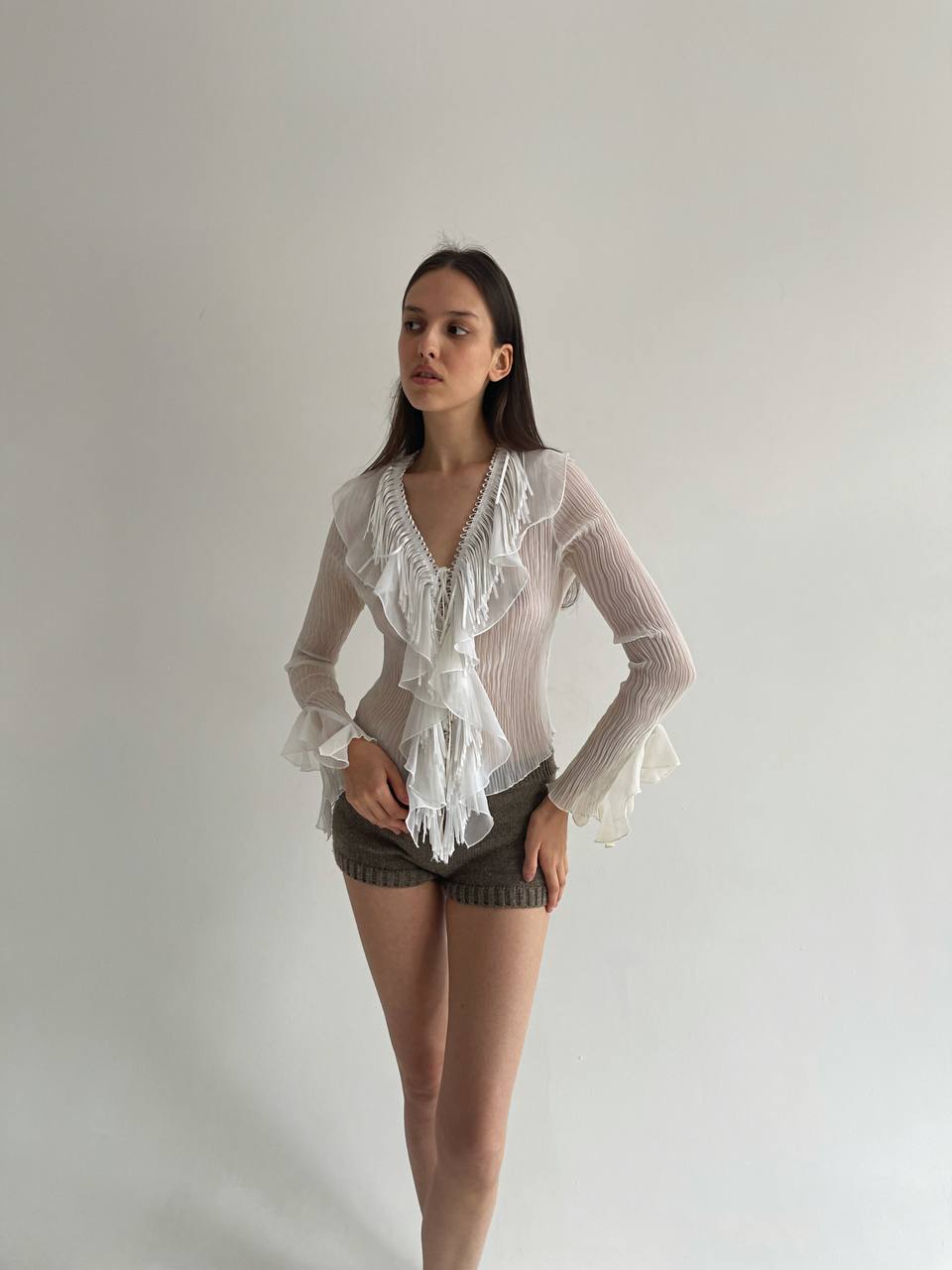 Vintage pleated ruffled blouse with tassels