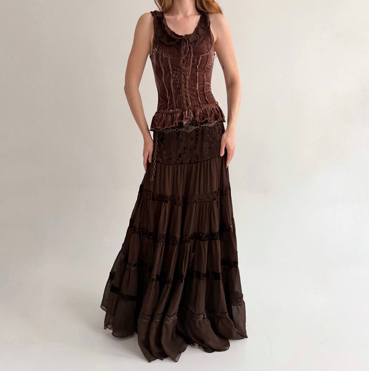 Vintage viscose brown sheer ruched maxi skirt