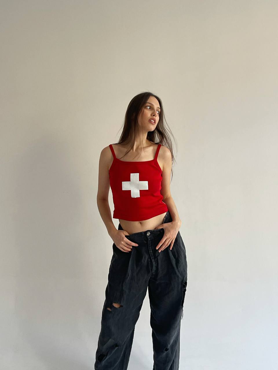 Y2K red crop top with white cross