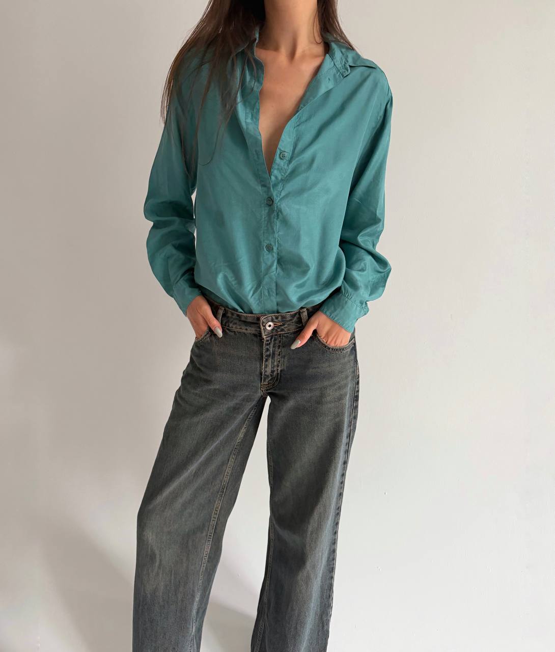 Vintage turquoise pure silk blouse