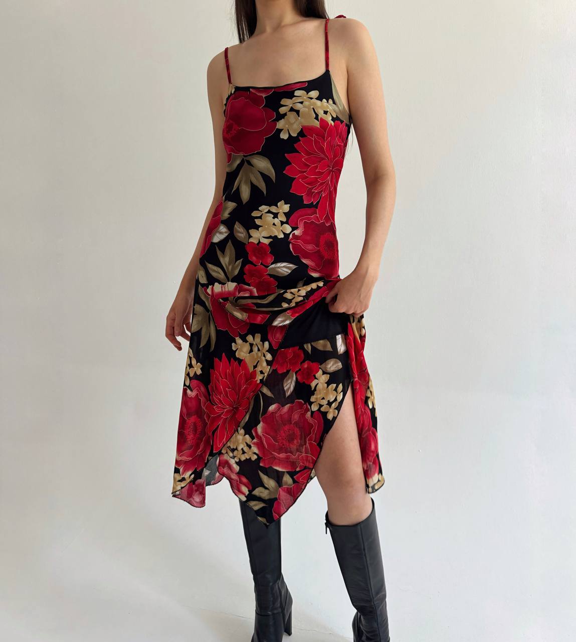 Vintage viscose red flower printed dress