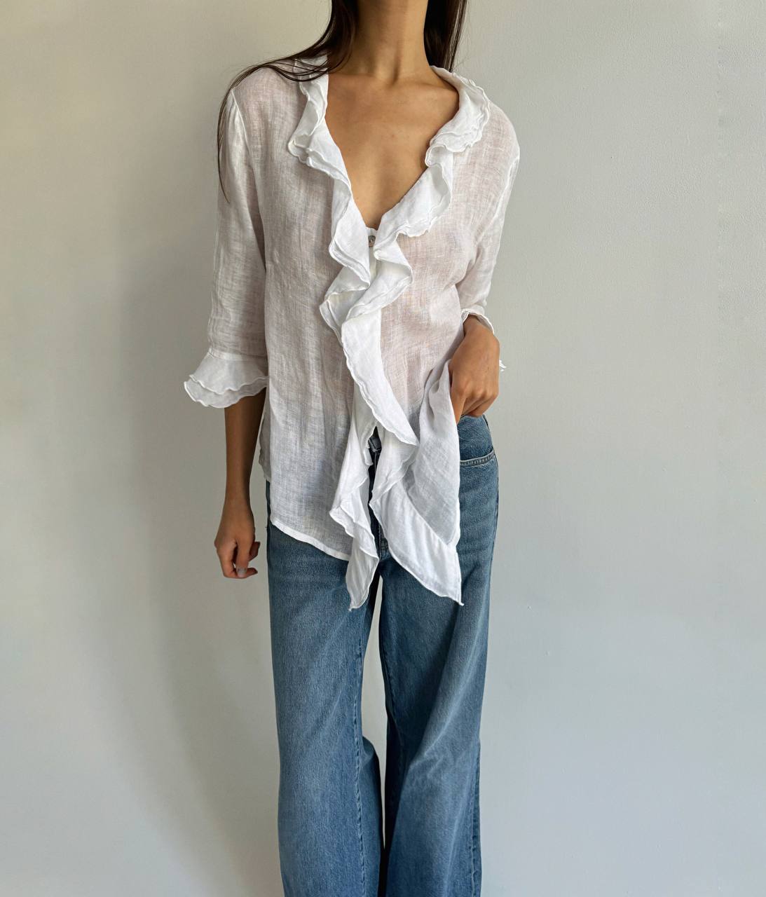 Vintage linen white blouse with ruffles