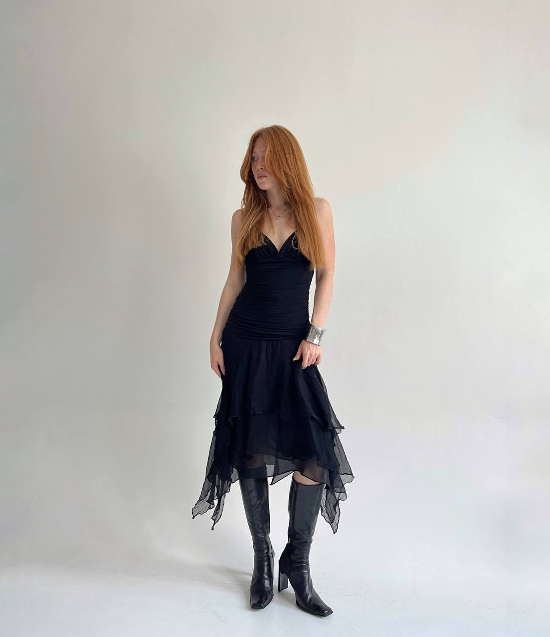 Y2K pure silk bottom black asymmetrical dress