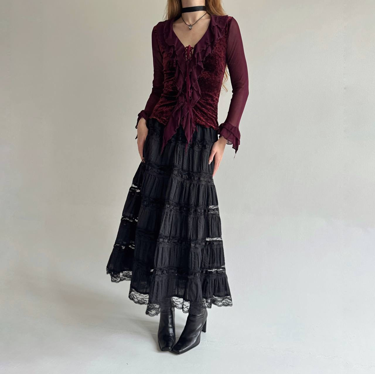 Vintage cotton maxi skirt with lace