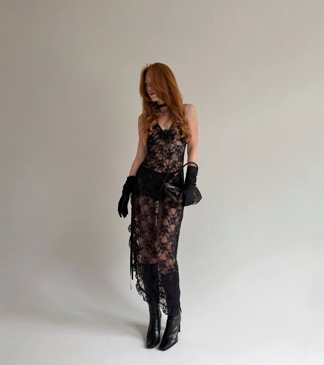 Vintage black lace asymmetrical long dress