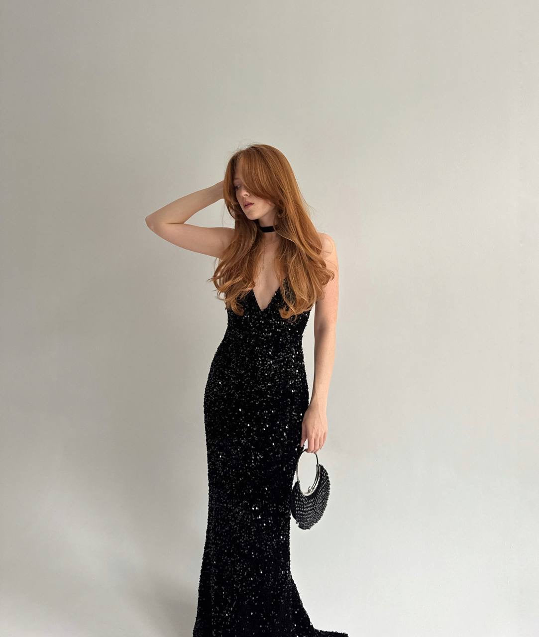 Vintage black long gown covered with sequins