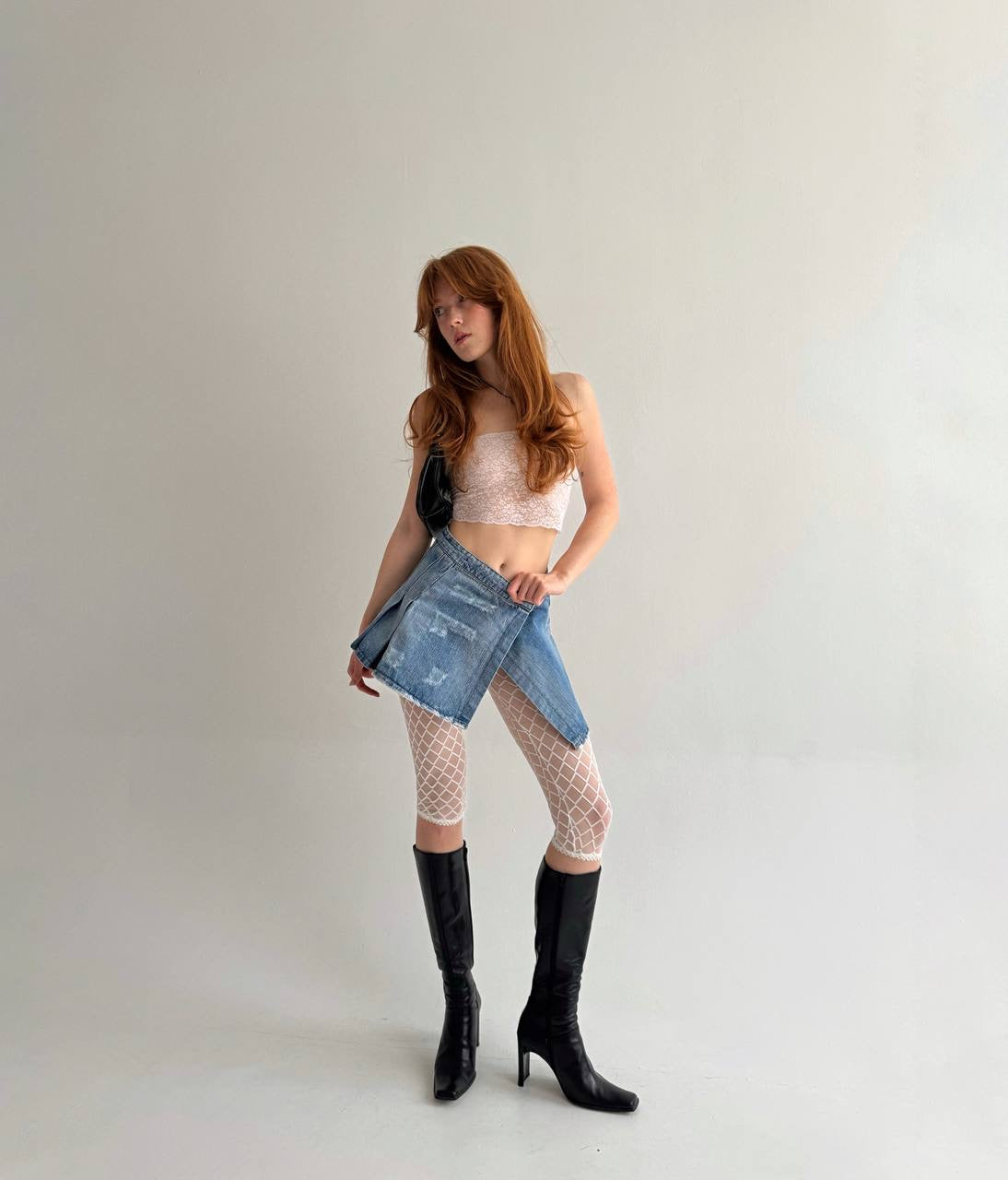 Vintage light blue denim asymmetrical pleated skirt