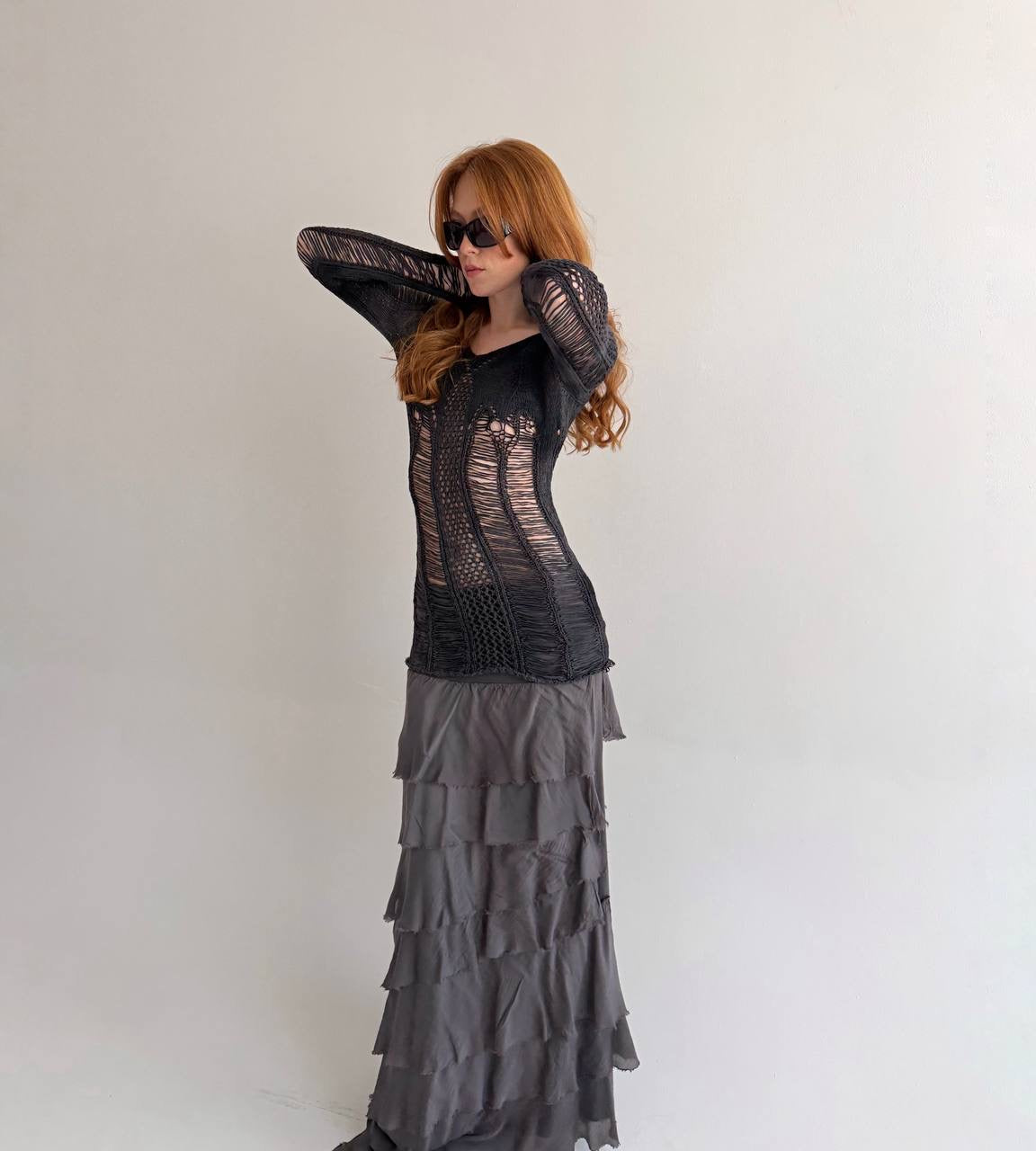 Vintage 30% pure silk 30% viscose 40% cotton grey long maxi skirt