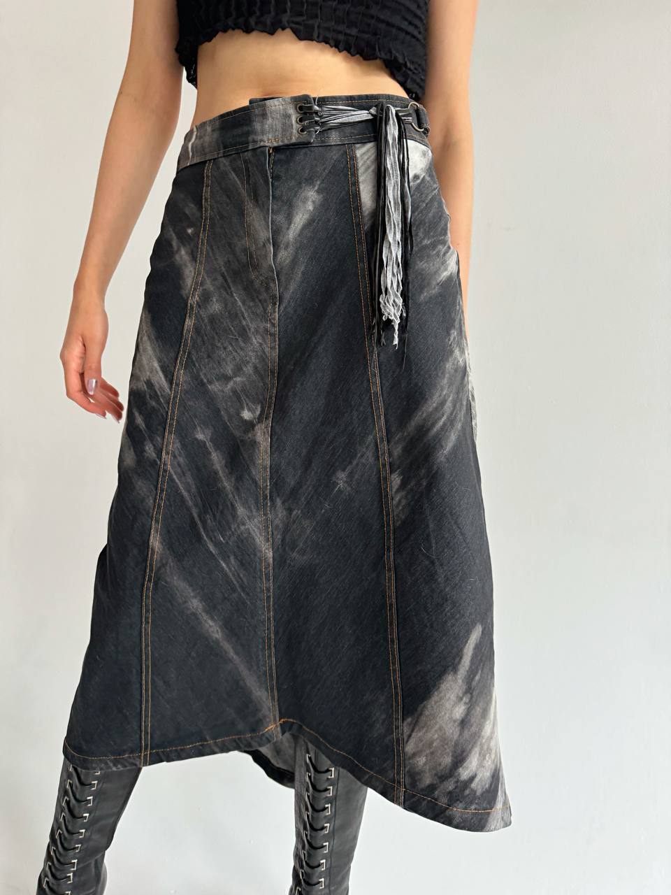 Vintage washed denim asymmetrical midi skirt