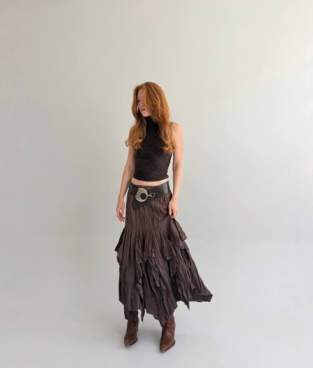 Vintage brown asymmetrical long skirt