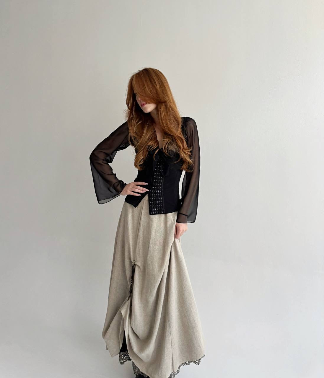 Vintage bavarian 100% linen beige long skirt