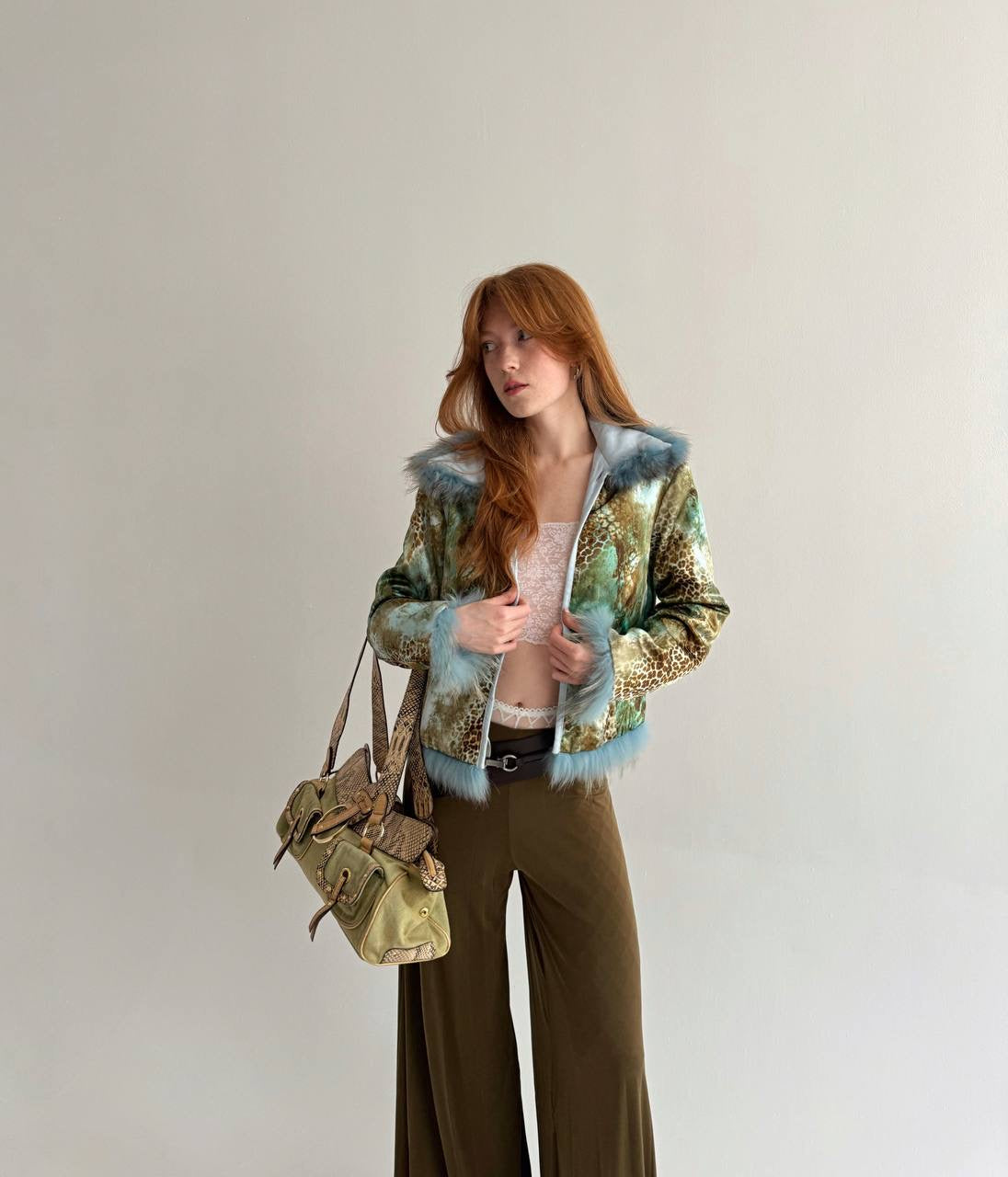 Vintage baby blue satin jacket with mixed faux