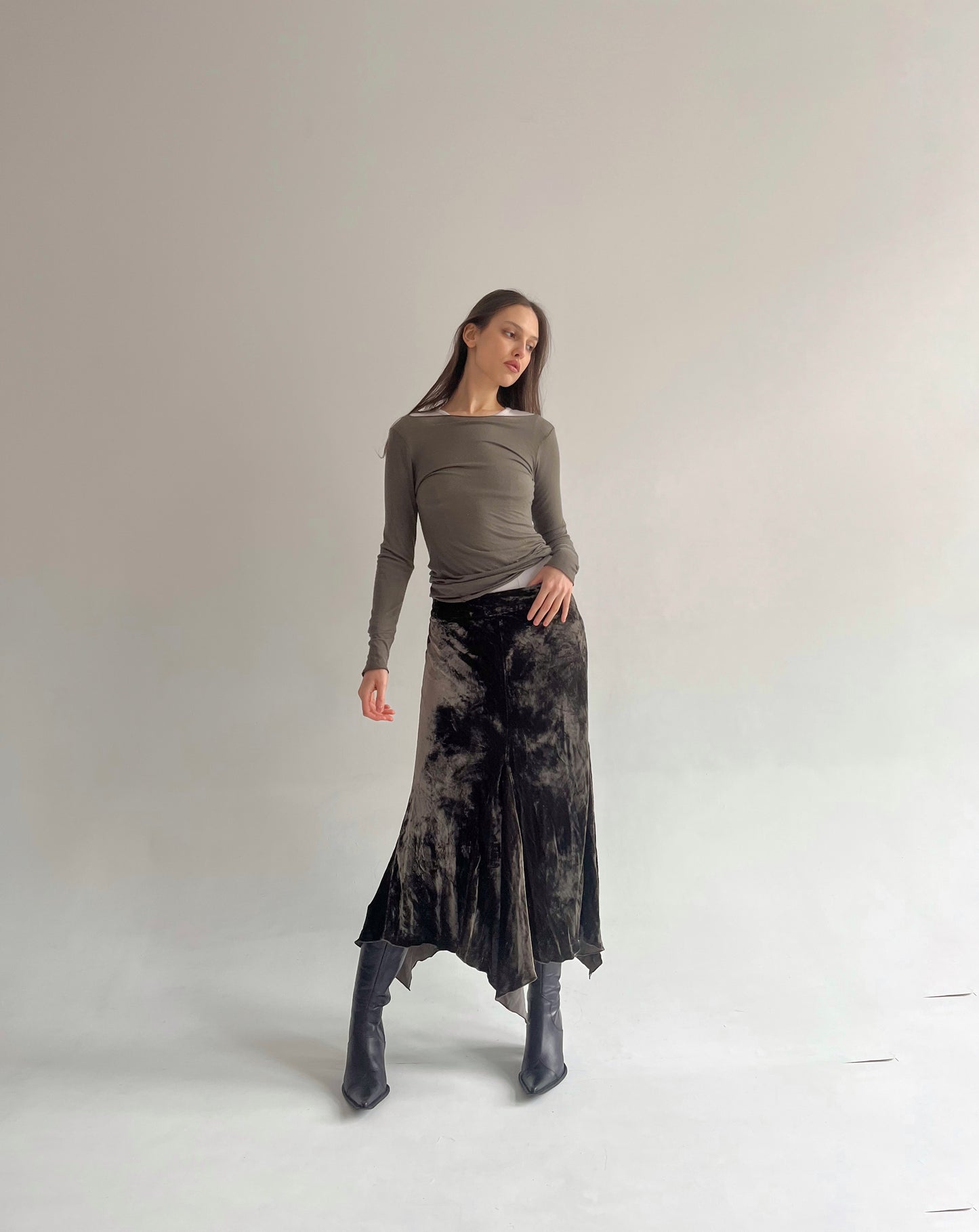 Vintage velvet khaki asymmetrical maxi skirt