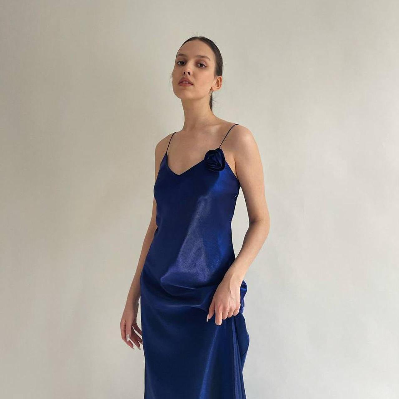 Vintage ultramarine blue maxi slip dress with flower brooch