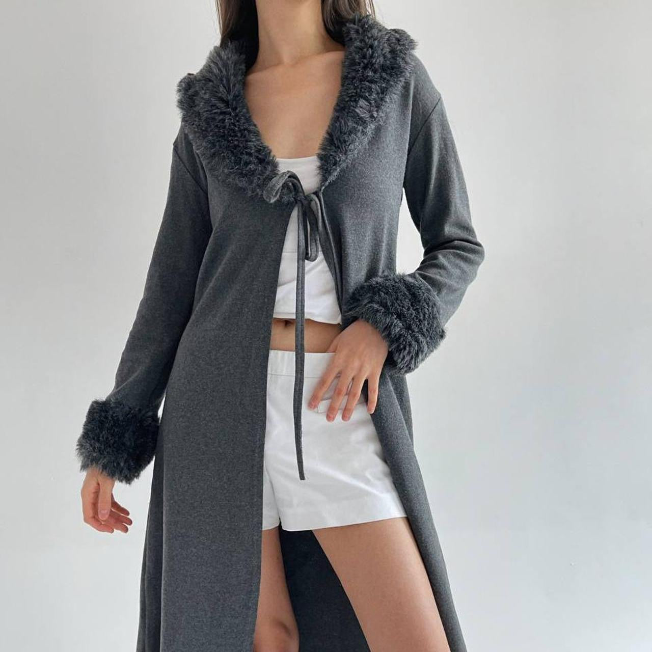 Vintage viscose blend long cardigan with faux fur