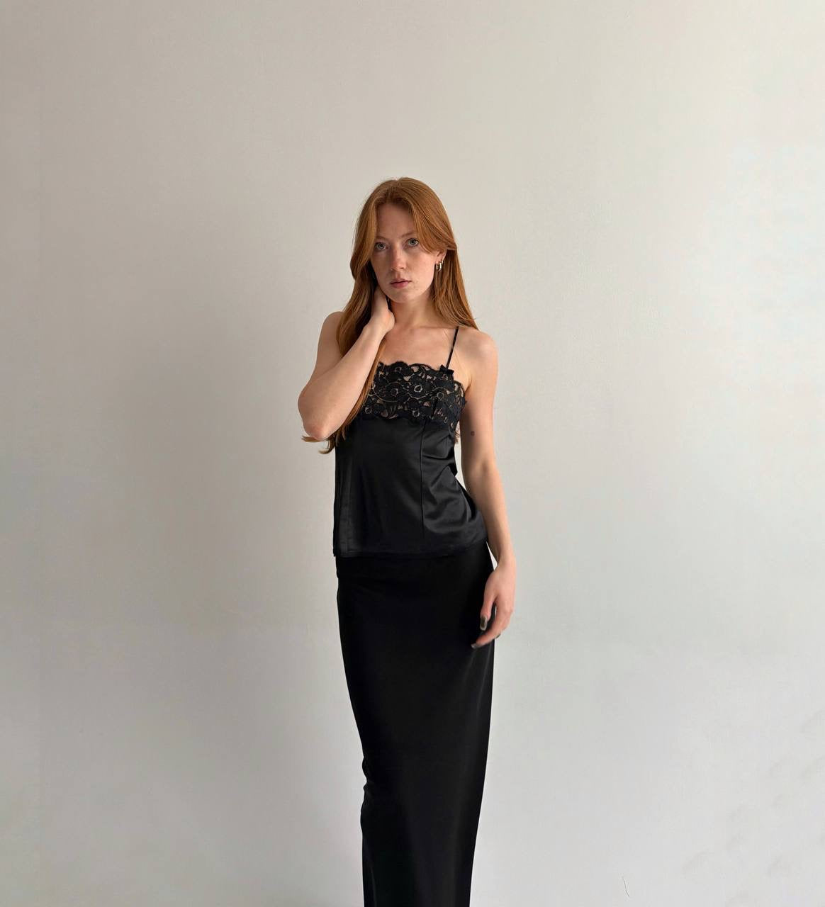 Vintage black satin camisole top with lace