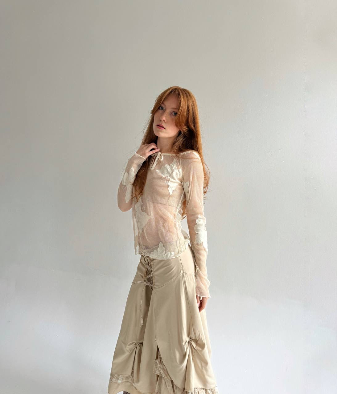 Vintage cream mesh transparent blouse with butterflies