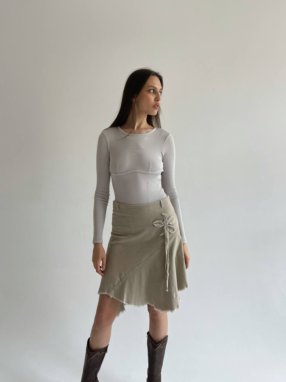 Vintage corduroy asymmetrical skirt with flower appliqué