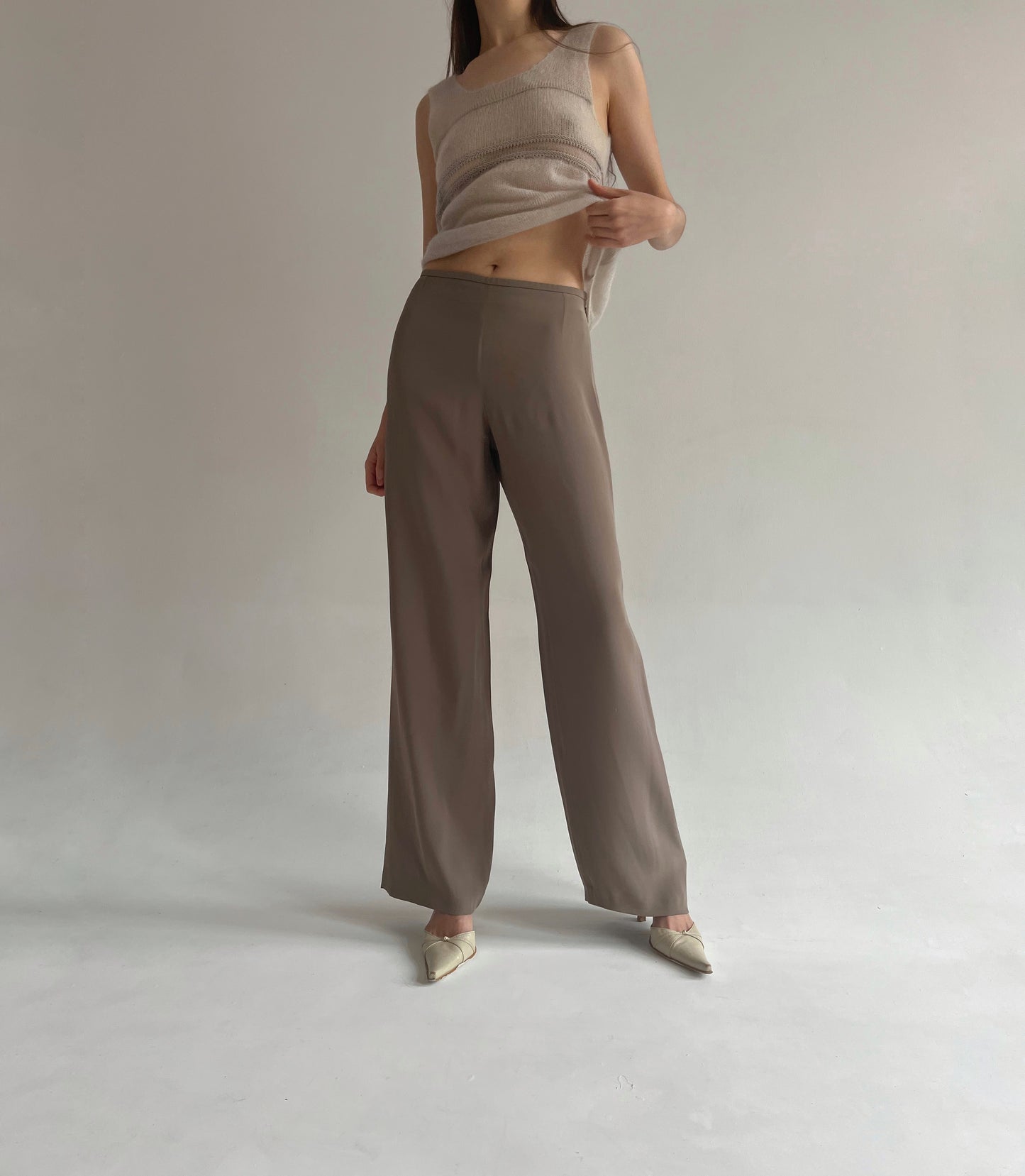 Armani Collezioni taupe silk and acetate long pants