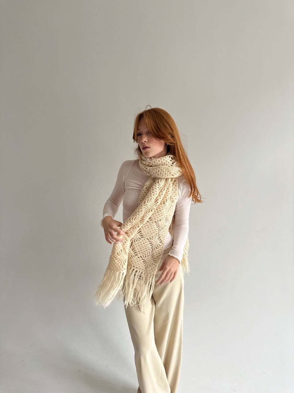 Vintage buttercream knitted wide scarf
