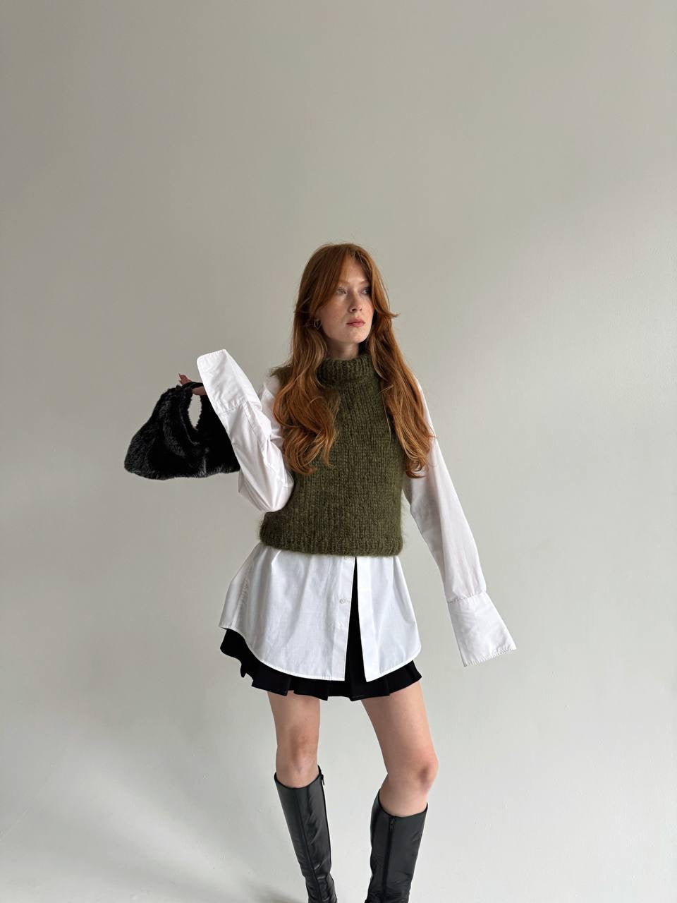 Vintage khaki fluffy knitted vest