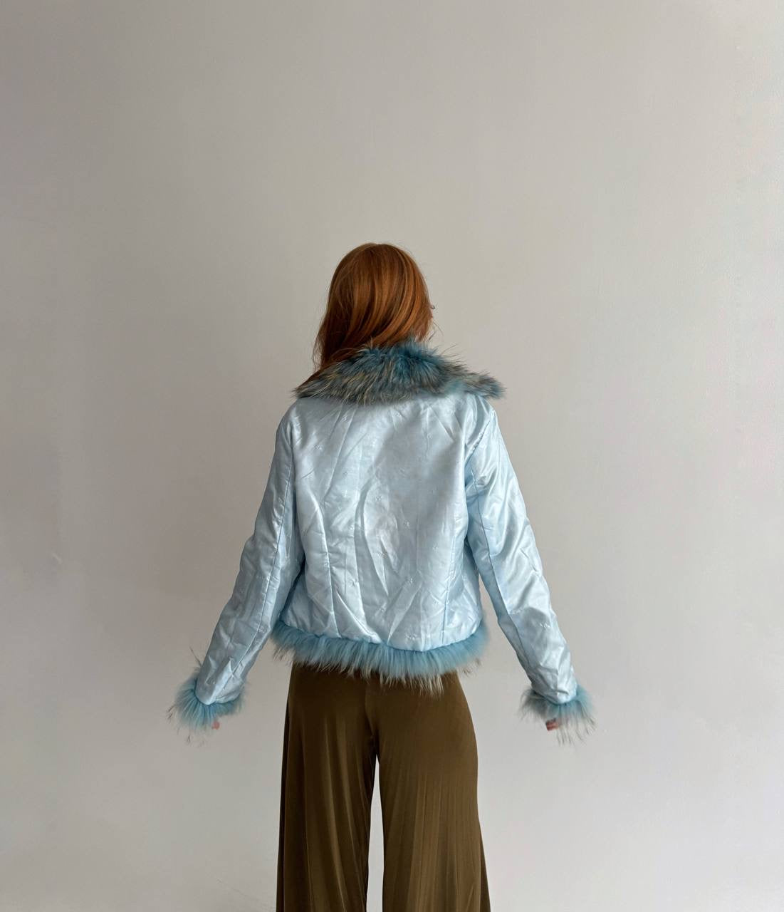 Vintage baby blue satin jacket with mixed faux