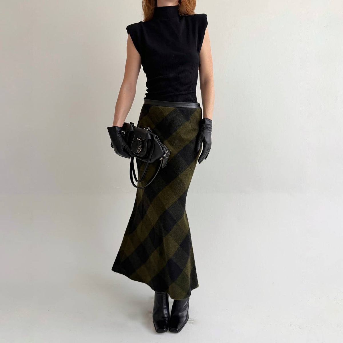 Vintage dark green khaki checked maxi skirt