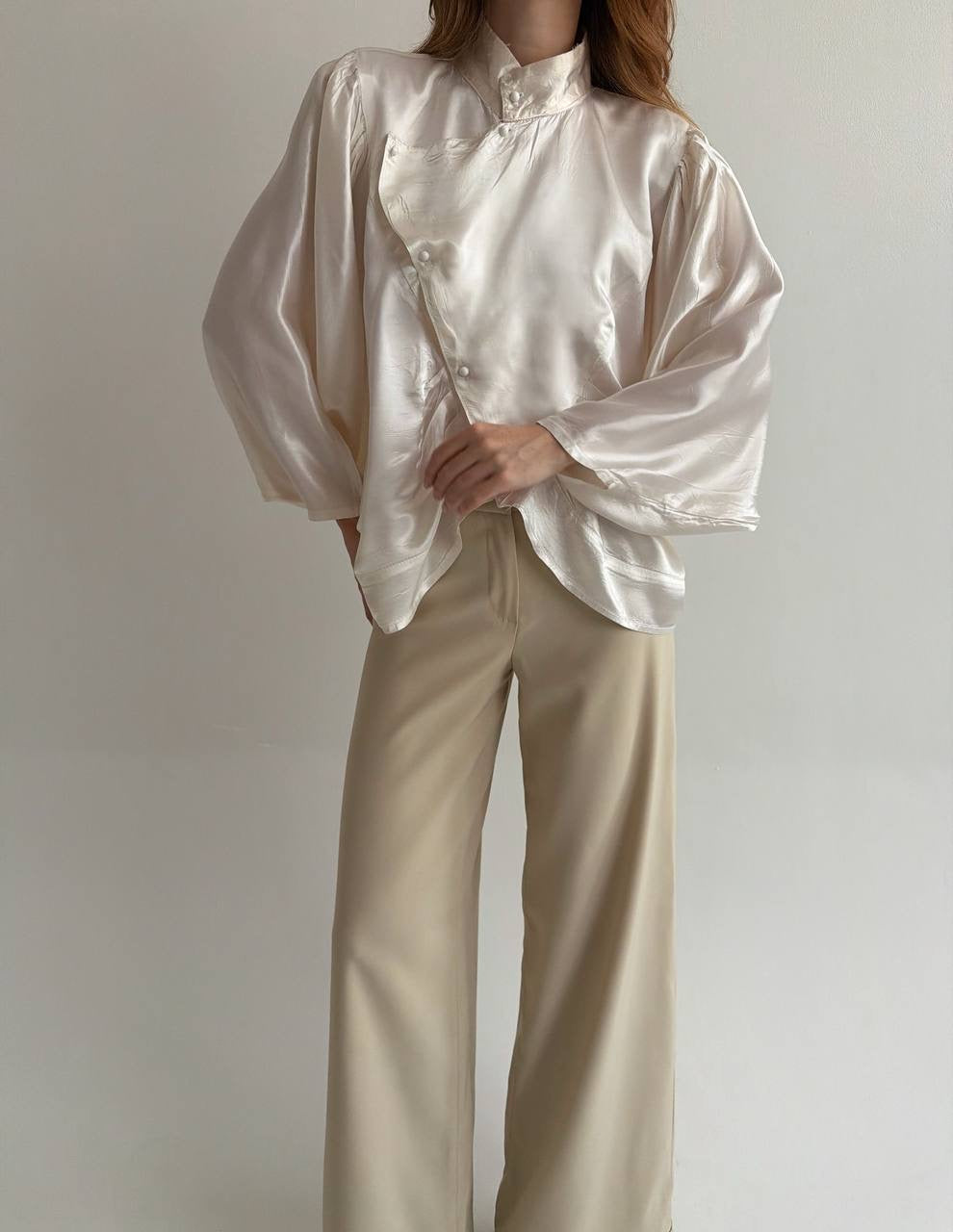 Vintage viscose cream satin asymmetrical blouse