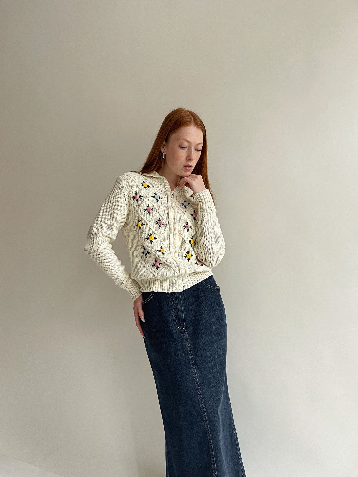 Vintage cottagecore cream knitted warm cardigan