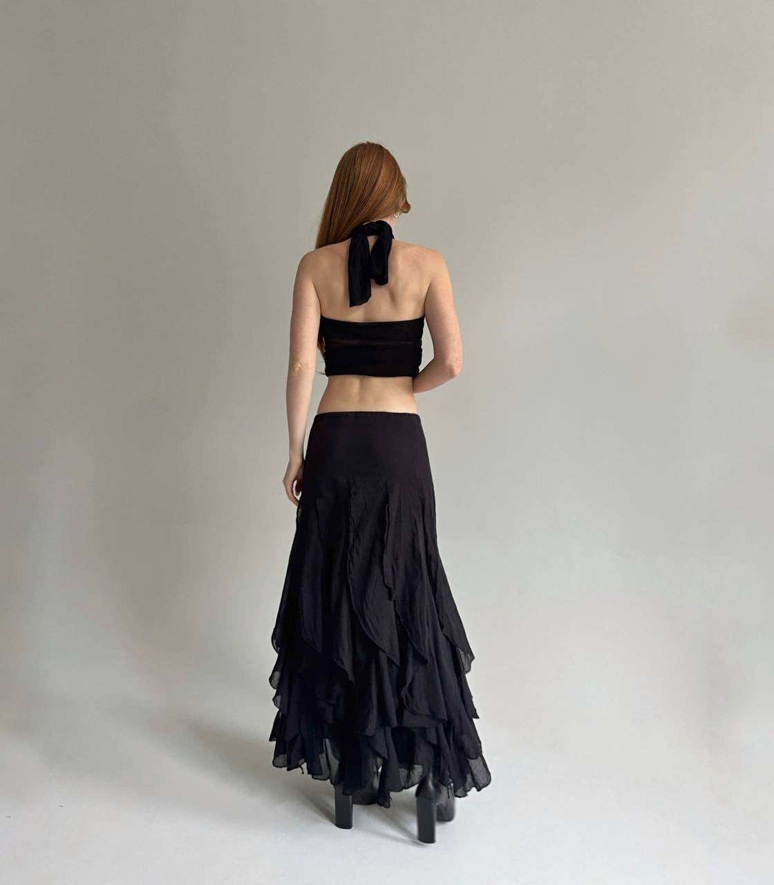 Vintage cotton black ruffled maxi skirt