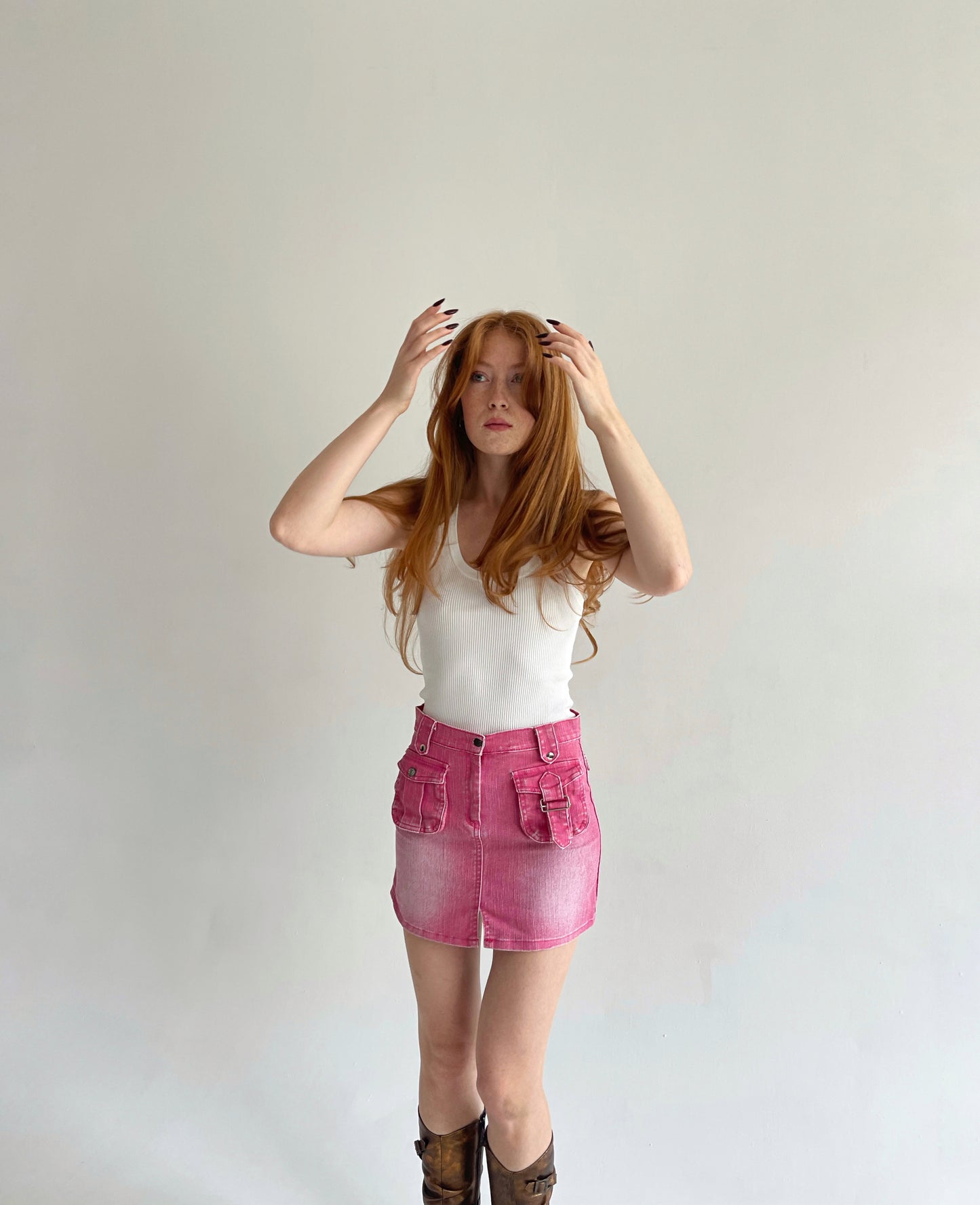 Vintage washed pink denim mini skirt