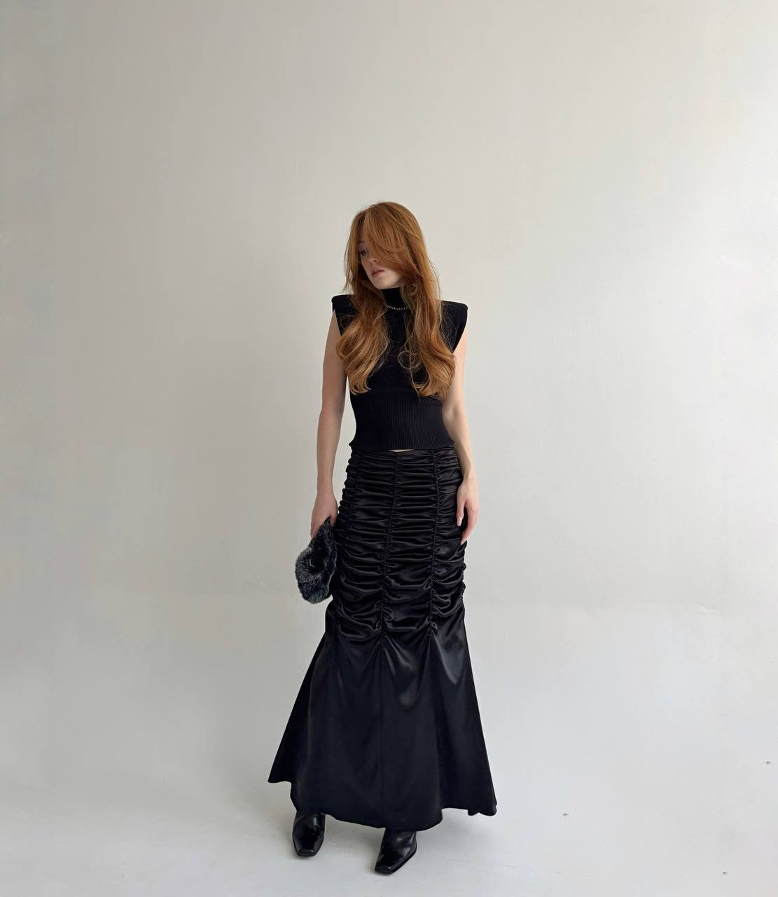 Vintage black satin long ruched skirt
