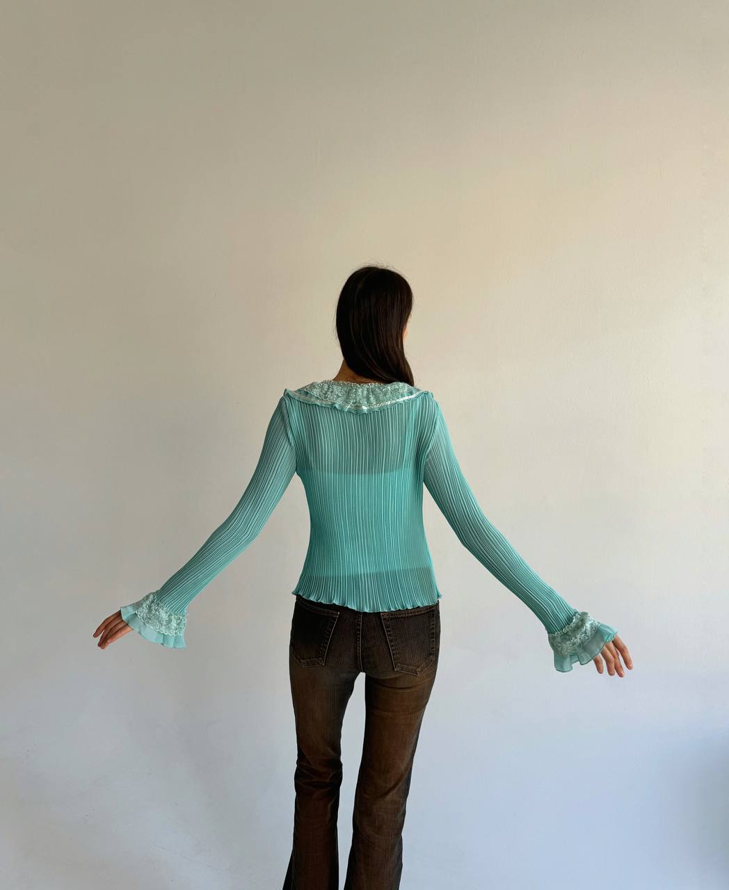 Vintage turquoise pleated lace ruffled blouse