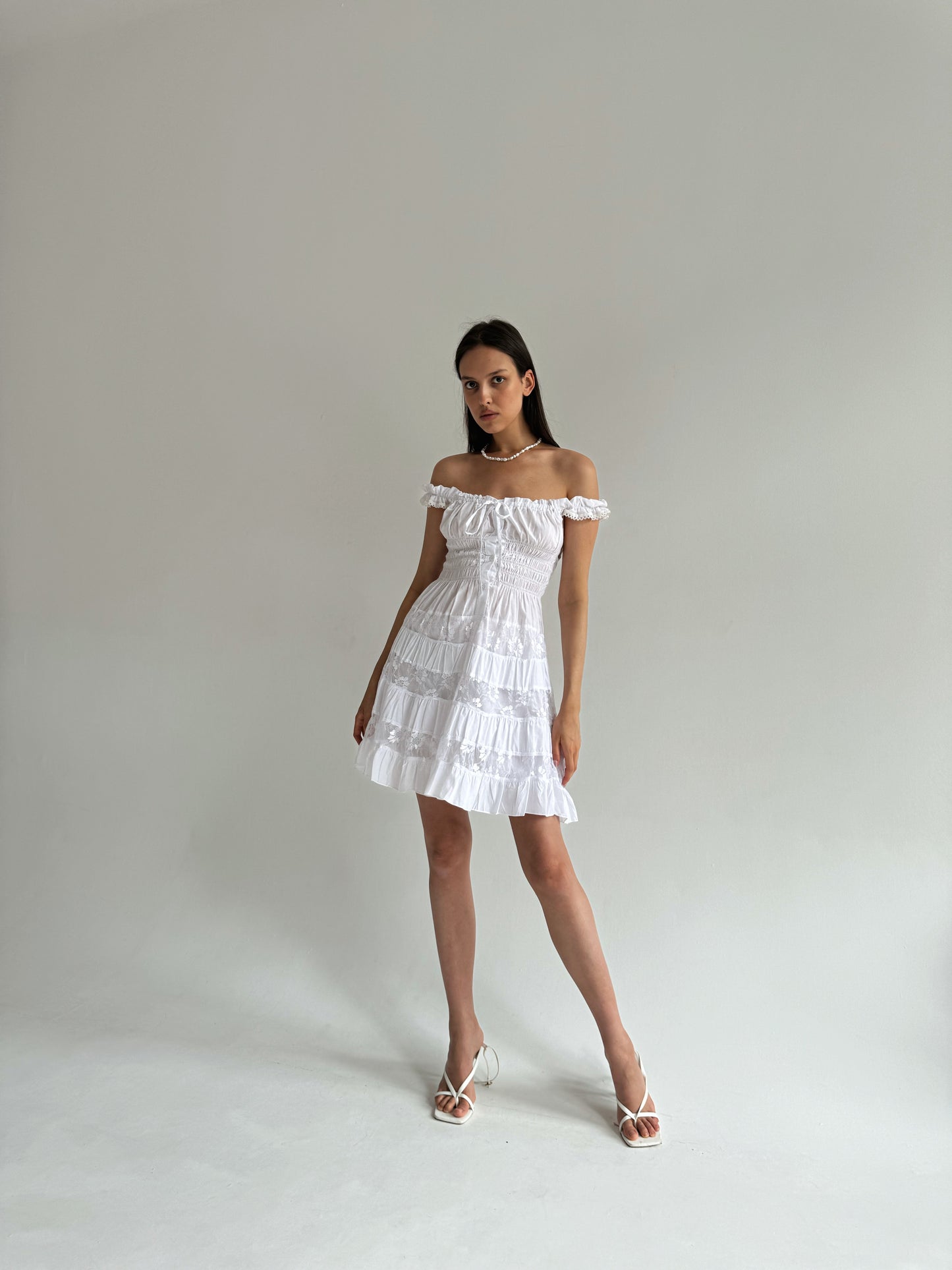 Y2K cotton white milkmaid dress with floral lace