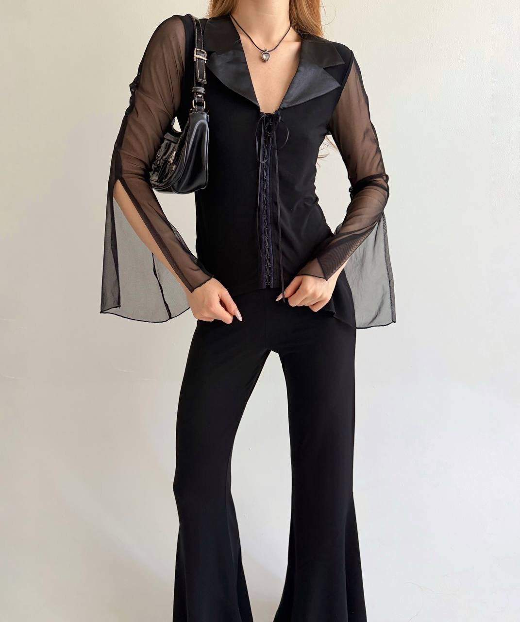 Vintage black blouse with sheer sleeves