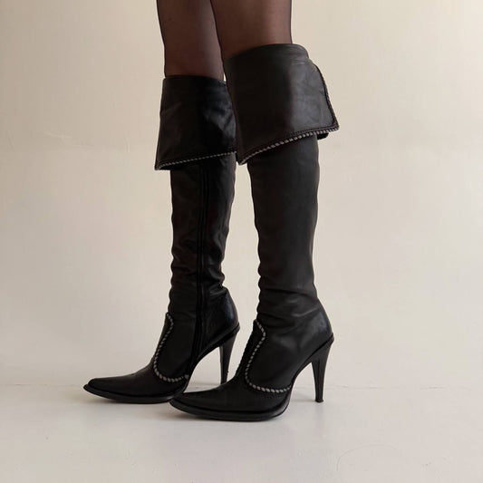 Vintage genuine leather black knee high boots
